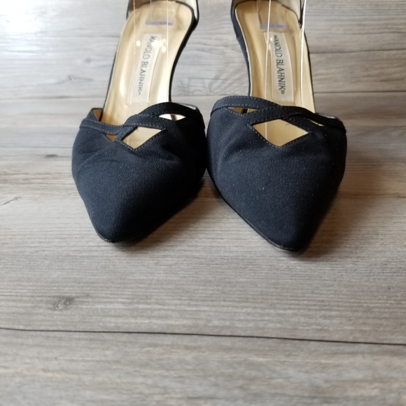 Vintage Manolo Blahnik Linen Ankle Strap Pointed Toe Pump Heel - Picture 4 of 13